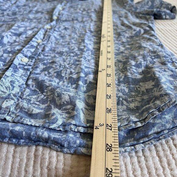 Banana Republic Linen Button Up Shirt Men Sz L Blue Chambray Floral Short Sleeve - Picture 10 of 11